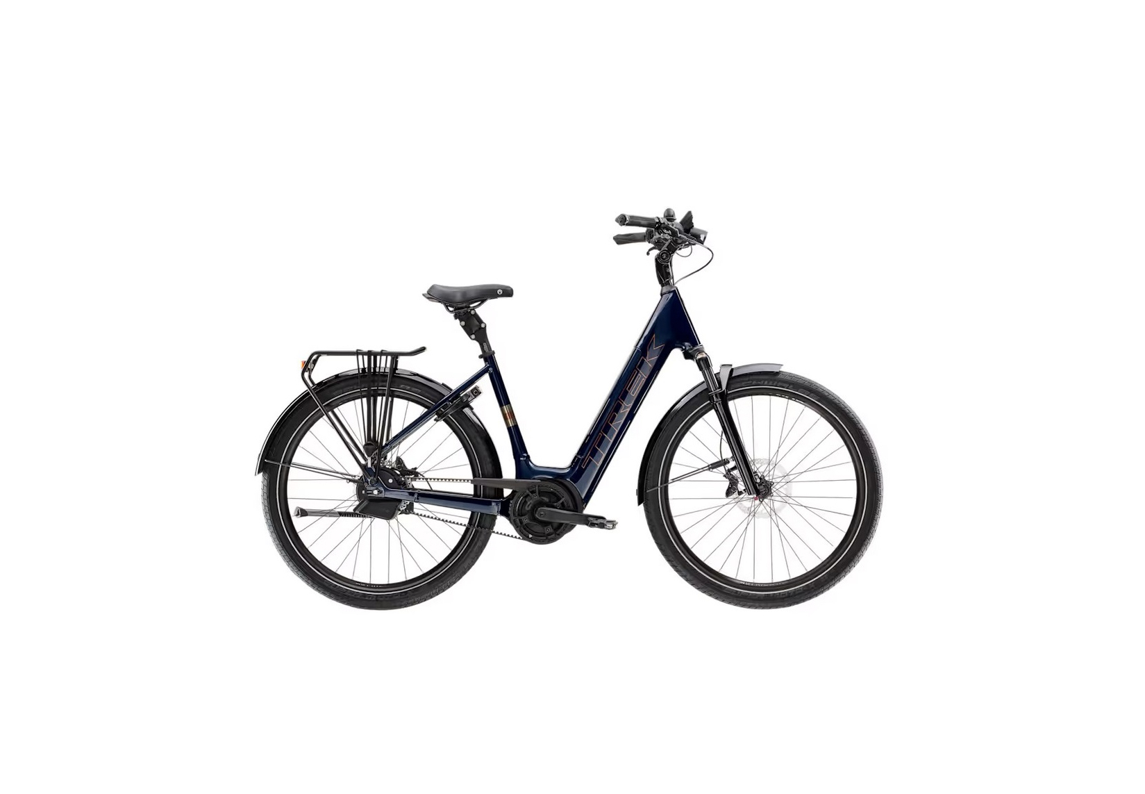 Rower elektryczny miejski TREK District+ 5 o niskim przekroku.